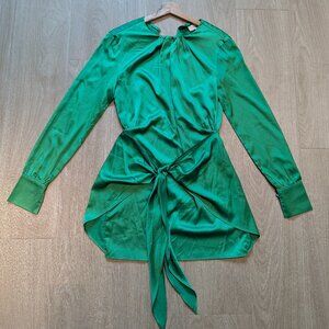 anthropologie Green Satin Tie Front Long Sleeve Wrap Mini Dress boutique mable